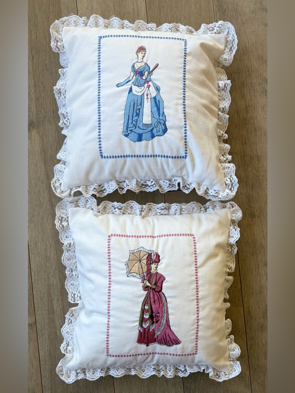 2 Fancy Throw Pillows Embroidered Victorian Ladies White Pace Trim 12” Vintage